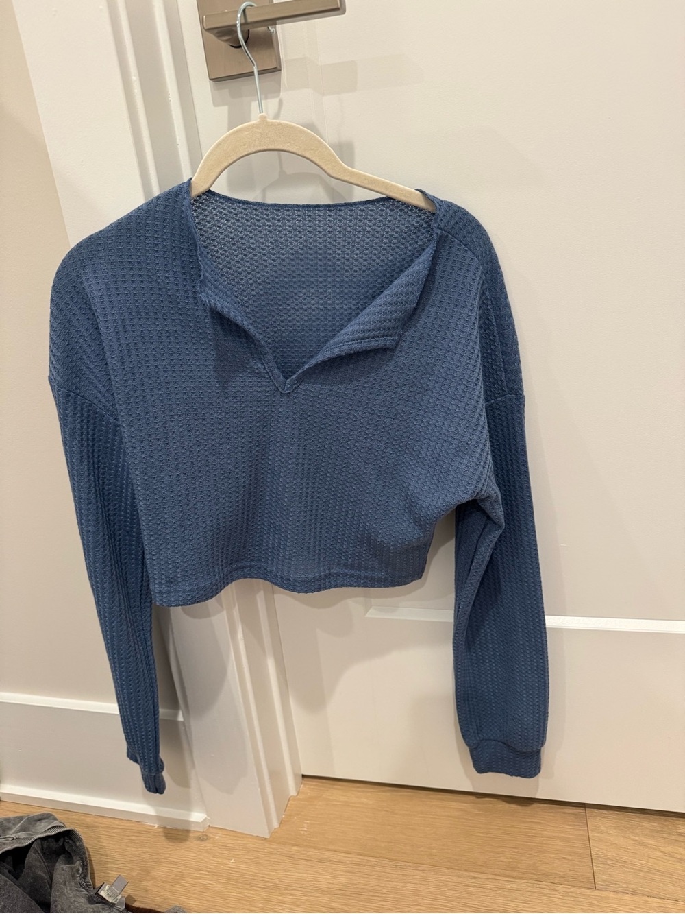 Slate Blue Waffle-Knit Cropped Long Sleeve